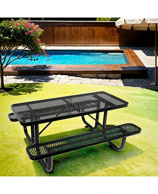 6 ft, Rectangular Outdoor Steel Picnic Table with umbrella pole in Black