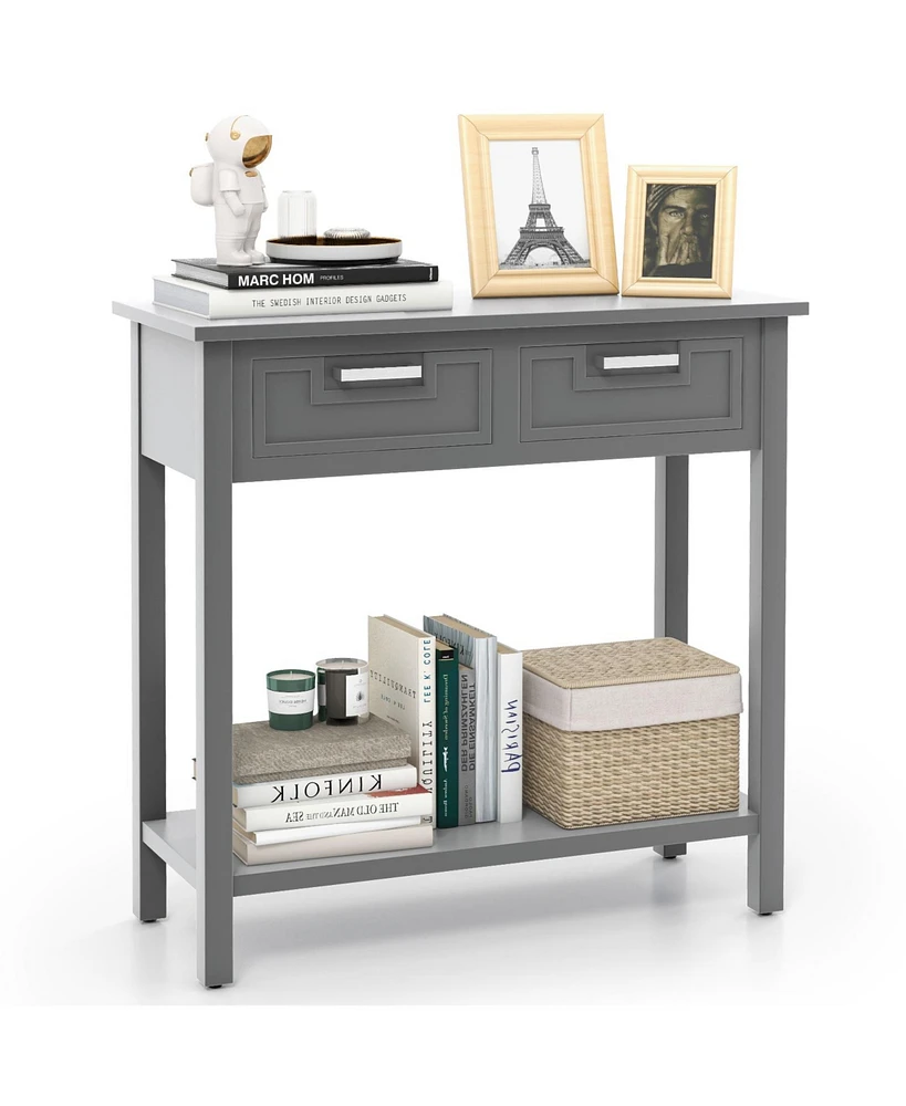 Narrow Console Table with Drawers and Open Storage Shelf