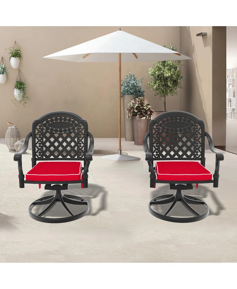 2 Cast Aluminum Swivel Patio Chairs, Black Frame, Random Color Cushions