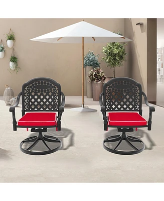 2 Cast Aluminum Swivel Patio Chairs, Black Frame, Random Color Cushions