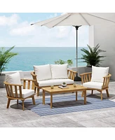 Acacia Patio Set, Table, Cushioned Seating, Teak Finish, White
