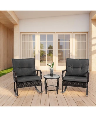 3-Piece Patio Rocking Bistro Set, Rattan Conversation with Coffee Table