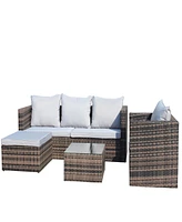 4-Pc Outdoor Rattan Sofa Set, Cushioned couch & coffee table (Gray)