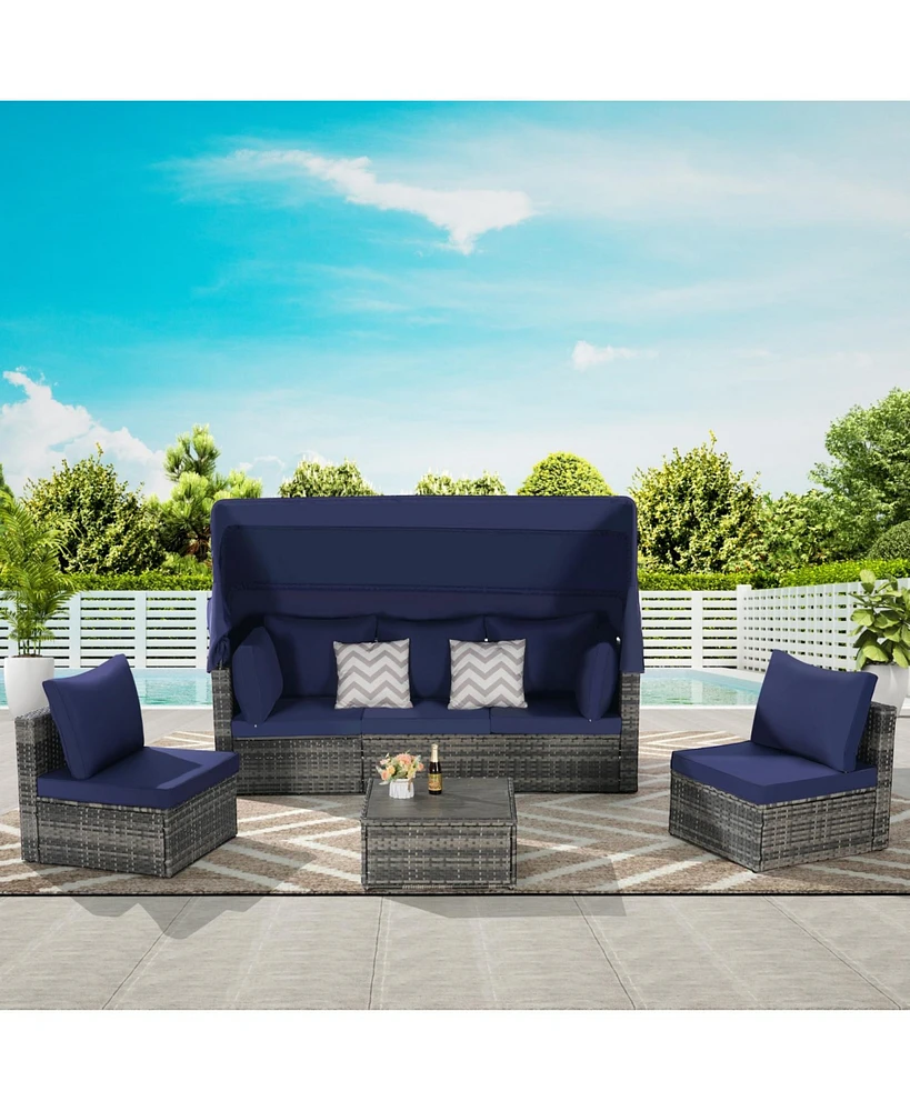 5-Piece Outdoor Wicker Daybed Set with Canopy & Cushions