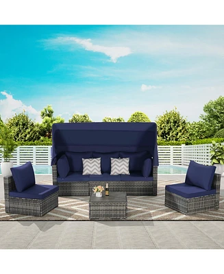 5-Piece Outdoor Wicker Daybed Set with Canopy & Cushions