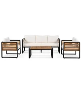 Large 4-pc Outdoor Sofa Set, 5-Person, Metal/Wood Frame, Thick Beige Cushions