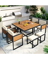 9-pc Acacia Patio Dining Set, Table, 4 Chairs, 4 Ottomans, Cushions