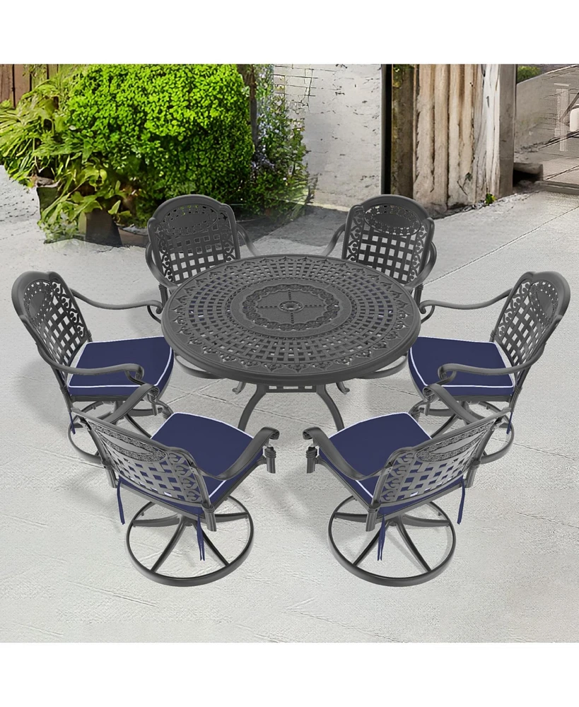 7-Pc Cast Aluminum Dining Set, 6 Swivel Chairs, 47" Round Table