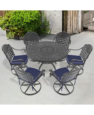 7-Pc Cast Aluminum Dining Set, 6 Swivel Chairs, 47" Round Table
