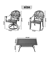 7-Piece Cast Aluminum Dining Set, 2 Swivel, 4 Chairs, Rectangular Table, Black Frame