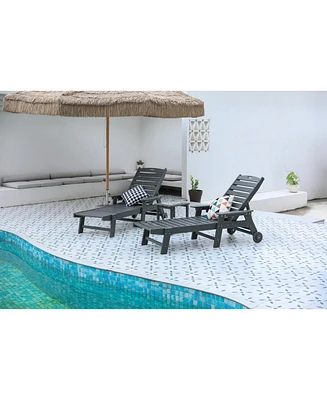 3-Piece Patio Lounge Set, Grey, Chaise Lounges with Table, Wheels & Cup Holder