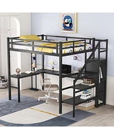 Full Size Loft Bed with L-shaped Desk and Usb, Metal Loft Bed with Wardrobe and Adjustable Shelf, High Loft Bed with Led for Kids Teens Adults