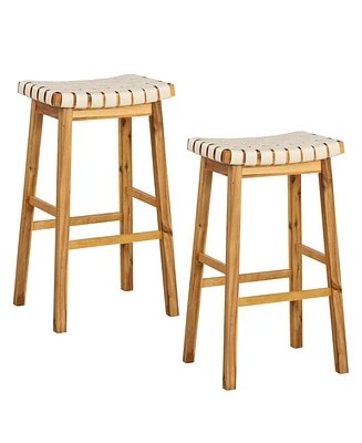 Woven Saddle Stools Set of 2 31'' Faux Pu Leather Bar Height Kitchen Stool