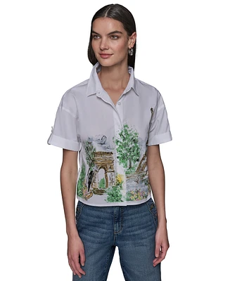 Karl Lagerfeld Paris Women's Cotton Crop Scene Button-Front Top