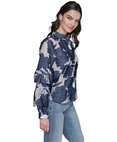 Karl Lagerfeld Paris Women's Floral-Printed Ruffle-Sleeve Top