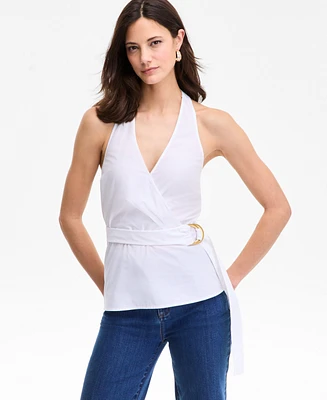 I.n.c. International Concepts Women's Cotton Belted Surplice Top, Exclusively at Macy's