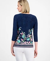 Jm Collection Women's Printed Jacquard 3/4-Sleeve Top, Exclusively at Macy's