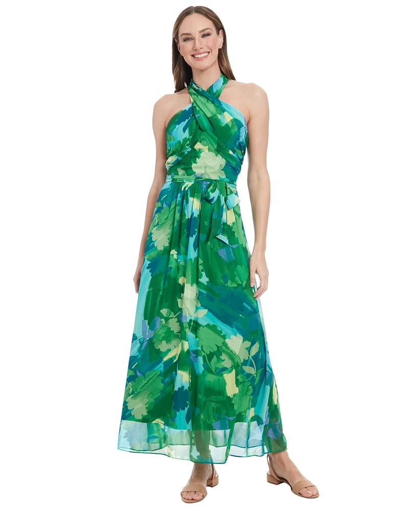 London Times Petite Floral-Print Tie-Waist Maxi Dress
