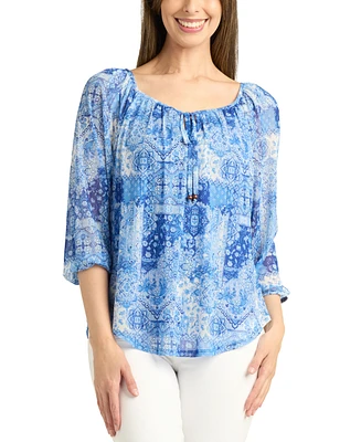 Bcx Juniors' Printed-Mesh Peasant 3/4-Sleeve Top