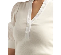 Bcx Juniors' Rib-Knit Mix-Media Eyelet-Sleeve Top