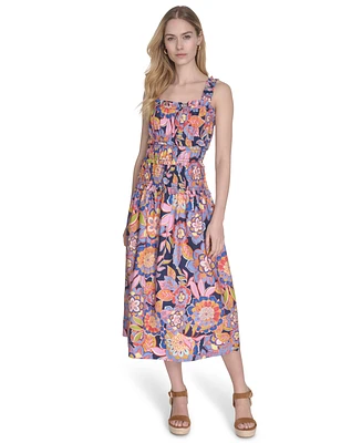 Eliza J Women's Petite Cotton Smocked-Waist Floral-Print Dress