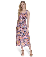 Eliza J Women's Petite Cotton Smocked-Waist Floral-Print Dress