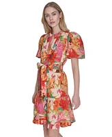 Vince Camuto Petite Cotton Floral-Print Puffed-Sleeve Dress