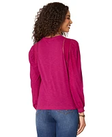 Democracy Petite Crewneck Crochet Long-Sleeve Top