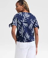 Charter Club Women's 100% Linen Tied-Sleeve Palm Shirt