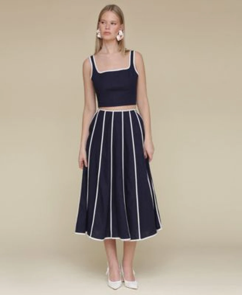 Avec Les Filles Womens Contrast Trim Linen Blend Crop Top Contrast Trim Linen Blend Midi Skirt