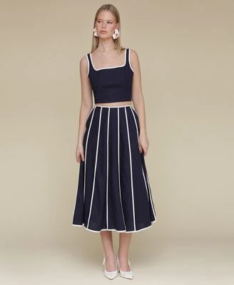 Avec Les Filles Womens Contrast Trim Linen Blend Crop Top Contrast Trim Linen Blend Midi Skirt