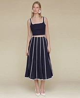 Avec Les Filles Womens Contrast Trim Linen Blend Crop Top Contrast Trim Linen Blend Midi Skirt