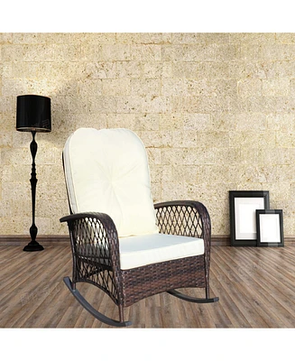 Outdoor wicker rocking chair with cushion, Patio, garden, backyard, Beige