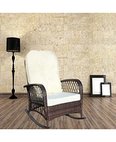 Outdoor wicker rocking chair with cushion, Patio, garden, backyard, Beige