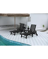 3-Pc Oversized Patio Lounge Set, Black chaise lounges (2) with table, wheels & cupholder