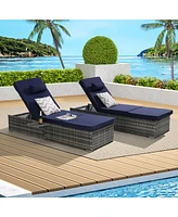 Outdoor chaise lounge set (2) with storage, adjustable backrests, table, cushions