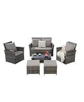 6 Piece Wicker Patio Furniture Sets with Ottoman & Tempered Glass Coffee Table