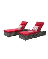Outdoor chaise lounge set (2) with storage, adjustable backrests, table, cushions
