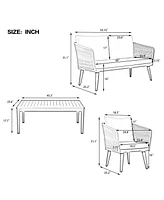 4-Piece Patio Furniture Set, Loveseat, Rope Conversation Set, Cushions (Beige/Grey)