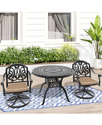 3-pc Cast Aluminum Dining Set, 2 Swivel Chairs, 39" Round Table, Black Frame