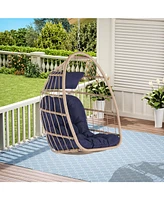 Outdoor Garden Rattan Egg Swing Chair Hanging Chair Wood + Dark Blue