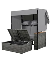 2-Piece Outdoor Rattan Daybed, Loveseat Sofa with Bench, Lounge Roof, Cushions (Grey)