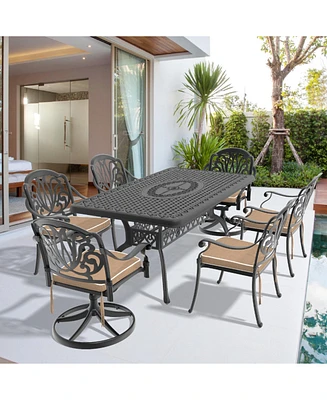 7-Piece Cast Aluminum Dining Set, 2 Swivel, 4 Chairs, Rectangular Table, Black Frame