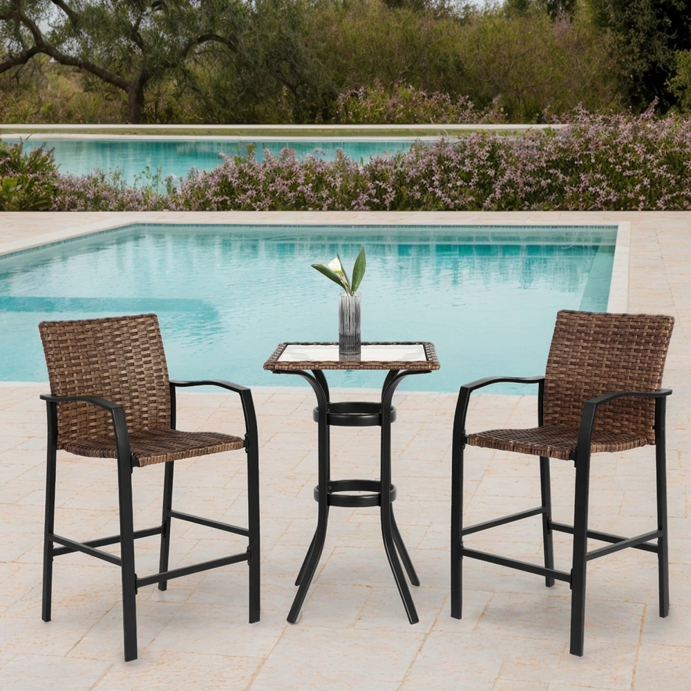 3-Piece Outdoor Rattan Bar Set, Glass Table, Wicker Stools, Brown