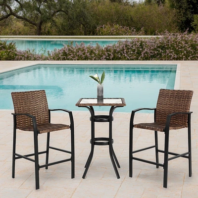 3-Piece Outdoor Rattan Bar Set, Glass Table, Wicker Stools, Brown