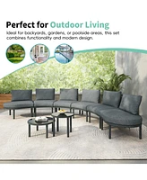 8-Pc Patio Sofa Set, Half-Moon Sectional, 2 Tables, Cushions, Pillows, Gray