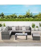6pc Outdoor Patio Set, Wicker Sofa, Glass Table, Cushions & Pillows