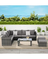 6pc Outdoor Patio Set, Wicker Sofa, Glass Table, Cushions & Pillows