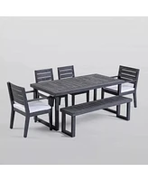 Outdoor 6-Seater Acacia Wood Dining Set with Bench,Dark Gray/Light Gray