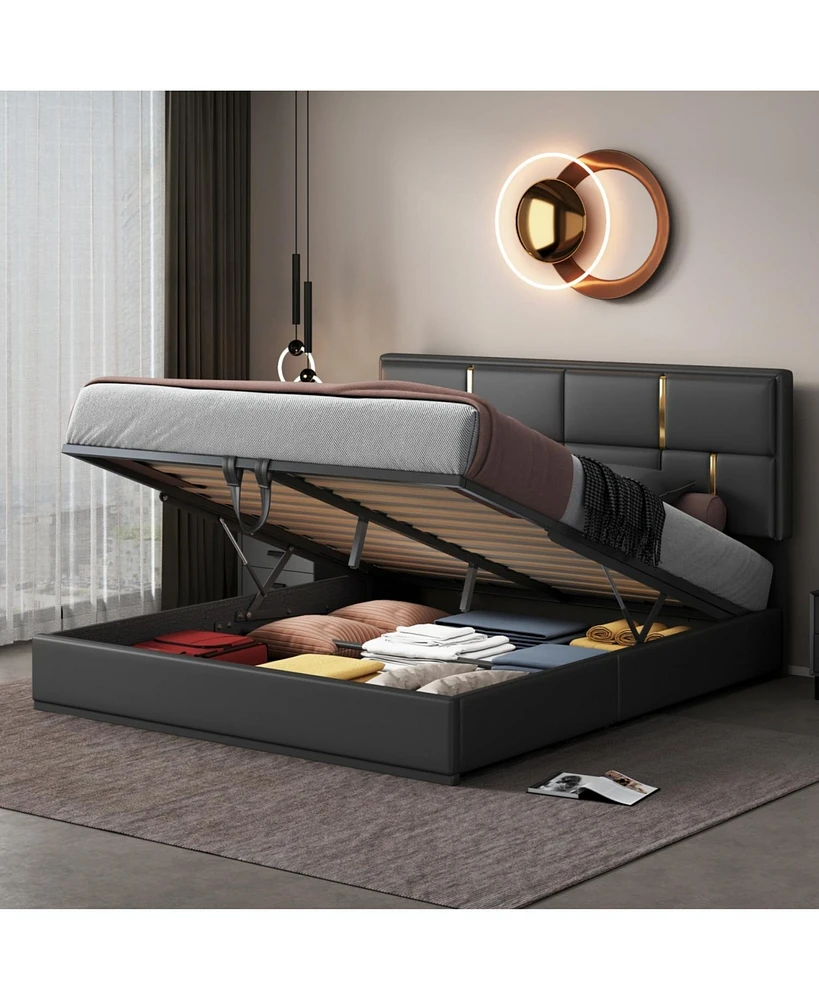 Queen Size Upholstered Platform Bed with Hydraulic Storage System,No Box Spring Needed,Black